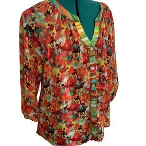 FIGUEROA & FLOWER button down semi sheer blouse floral & strip anthropology MED